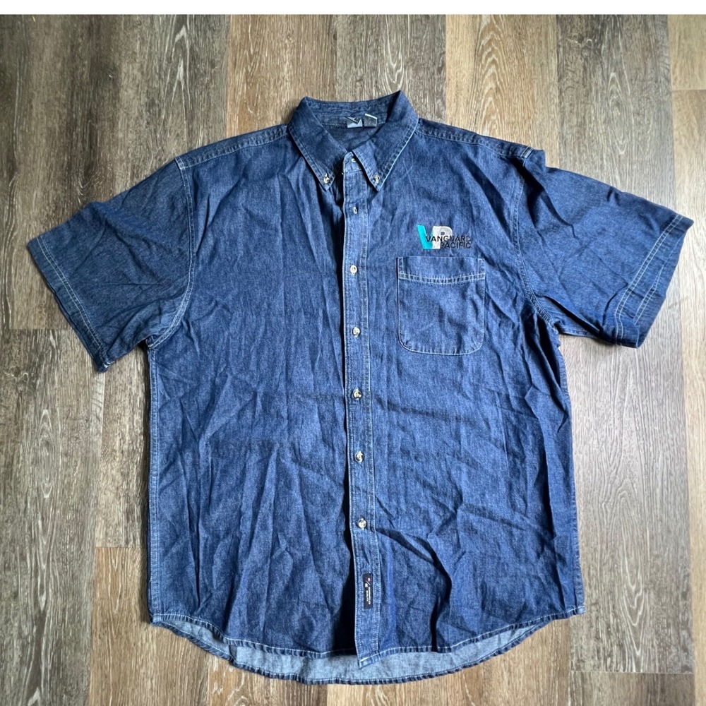 Port and Company Denim Button Down Mens XL 100 cotton Short Slv Vanguard Pacific